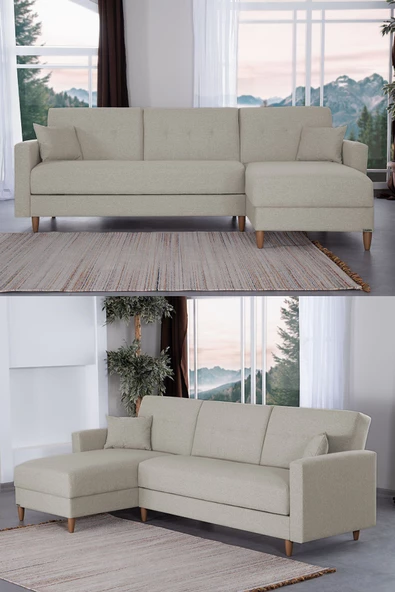 Kilim Mobilya Scandi Köşe Uzanmalı Yataklı Köşe Takımı Krem(HEM SAĞ HEM SOL KÖŞE OLARAK KULLANILABİLİR)