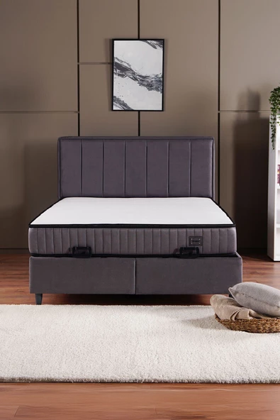 Kilim Mobilya Royal Plus Sandıklı Baza Başlık Paket Yaylı Pedli Yatak Seti Antrasit 140X190