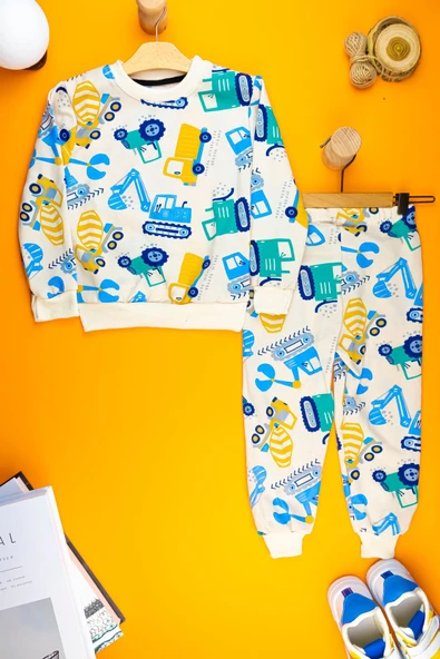 Çocuk Erkek Çocuk İş Makinesi Detaylı Yumuşacık Sweat Takım - Şardonlu Pamuklu Yumuşacık - 9