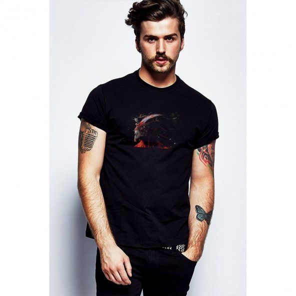 Devil Red Skull Tumblr Baskılı Siyah Erkek Örme Tshirt