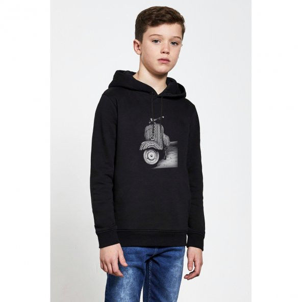 Tumblr Vespa Baskılı Unisex Çocuk Kapüşonlu Siyah Sweatshirt - 1
