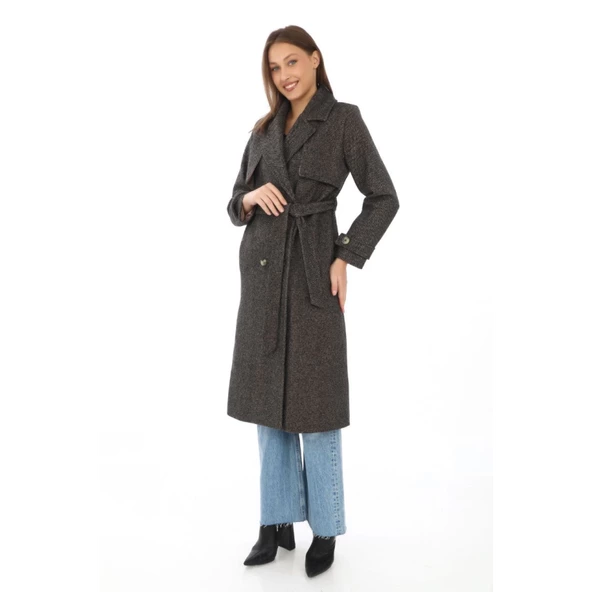 Balık Sırtı Kaşmir Uzun Kaşe Kaban - Kahverengi - 2