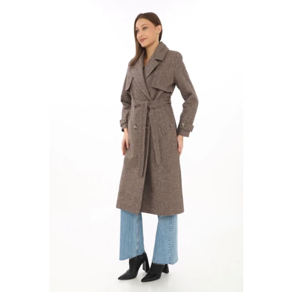 Balık Sırtı Kaşmir Uzun Kaşe Kaban - Vizon - 2