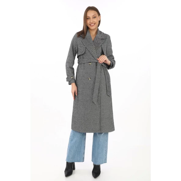 Balık Sırtı Kaşmir Uzun Kaşe Kaban - Boyalı Gri - 3