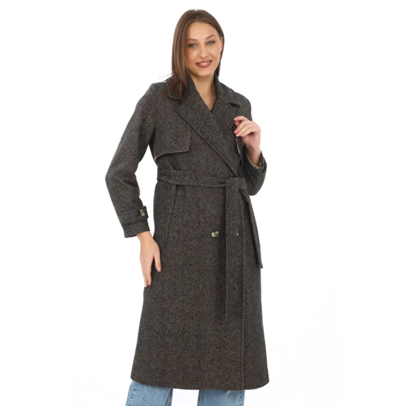 Balık Sırtı Kaşmir Uzun Kaşe Kaban - Kahverengi - 3