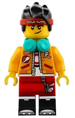 Lego Minifigür - Monkie Kid - Bright Light Orange Open Jacket, Dark Turquoise Headphones, Smirk / Angry mk001