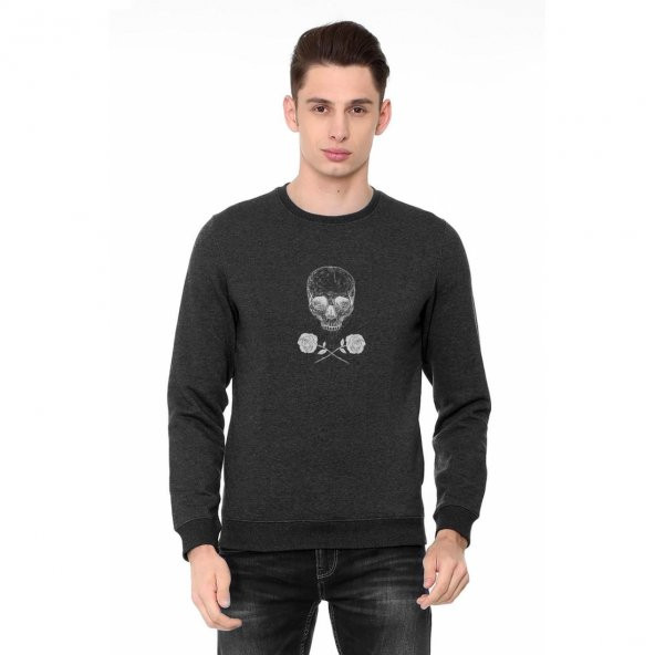 Skull Lockscreen Tumblr Kurukafa Rose Baskılı Füme Antrasit Erkek Örme Sweatshirt Uzun kol