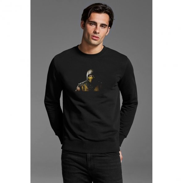 Scorpion 2 Baskılı Siyah Erkek Örme Sweatshirt Uzun kol