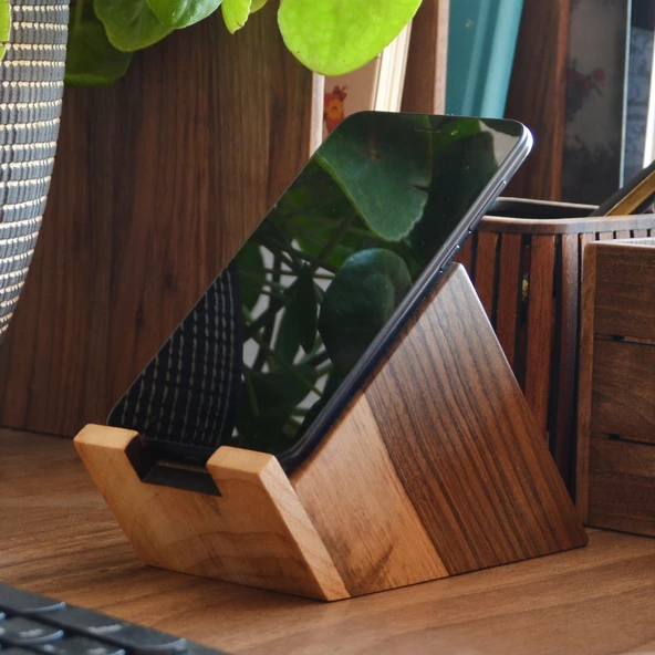 Woodsaka Blok Ceviz Telefon Standı - Ceviz & Akça - 2