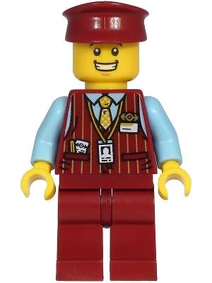 Lego Minifigür Tram Driver - Male, Dark Red Vest, Bright Light Blue Shirt, Dark Red Legs, Dark Red Hat