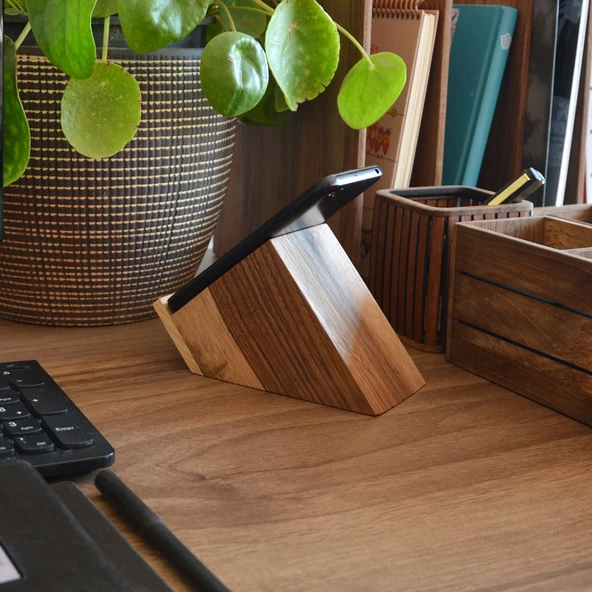 Woodsaka Blok Ceviz Telefon Standı - Ceviz & Akça - 4