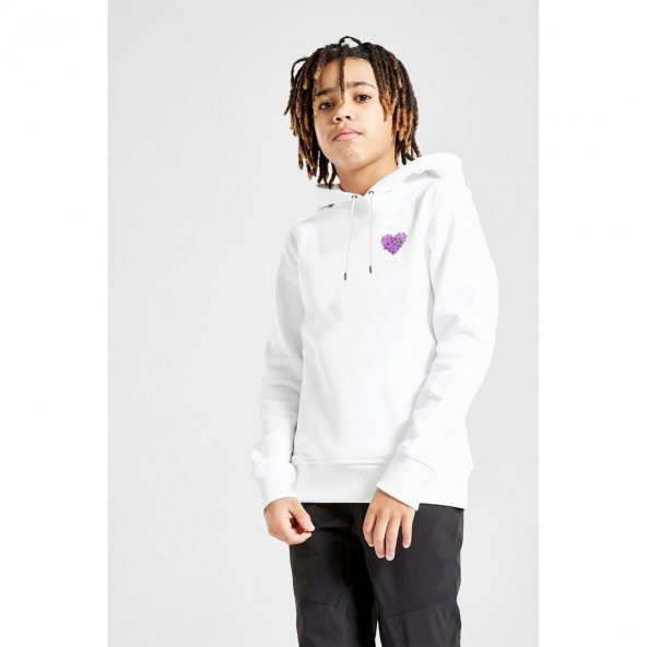 Mor Leylak Çiçeği Illüstrasyon, Leylak, Mor Leylak Kalp Baskılı Unisex Çocuk Kapüşonlu Beyaz Sweatsh
