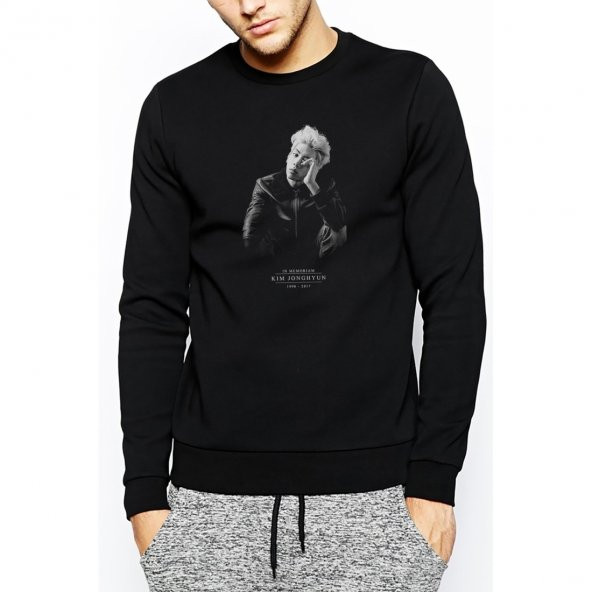 Kpop Shinee In Memoriam Kim Jonghyun Baskılı Siyah Erkek Örme Sweatshirt Uzun kol - 1