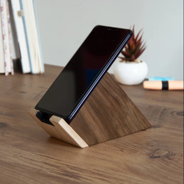 Woodsaka Blok Ceviz Telefon Standı - Ceviz & Akça - 3
