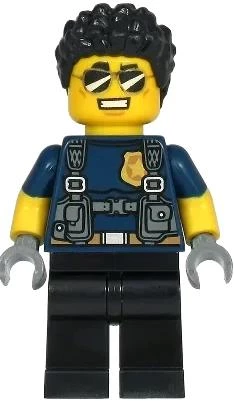 Lego Minifigür - Police Officer - Duke DeTain, Dark Blue Shirt with Molded Short Sleeves, Harness, Black Legs, Black Hair cty1210