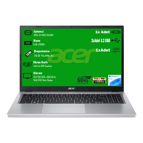 ACER ASPIRE 3 A315-510P-39S1 INTEL CORE I3 N-305 8GB DDR5 RAM 256GB SSD INTEL UHD 15.6"FHD W11 HOME