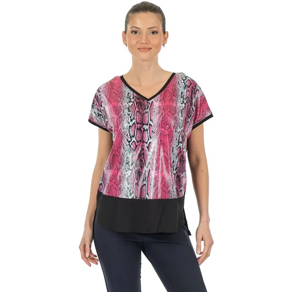 Twomail Oversize V Yaka Yılan Desenli Kadın T-Shirt - Kısa Kol - 2