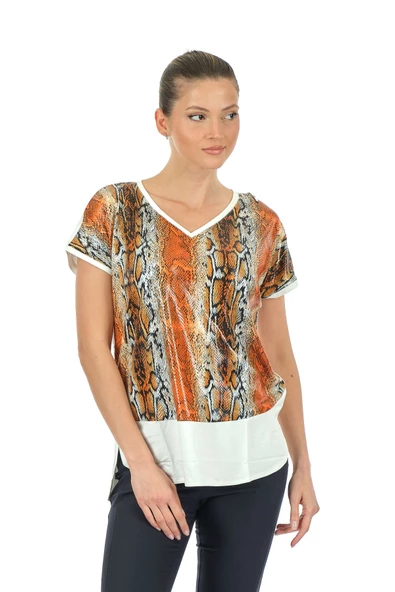 Twomail Oversize V Yaka Yılan Desenli Kadın T-Shirt - Kısa Kol - 4