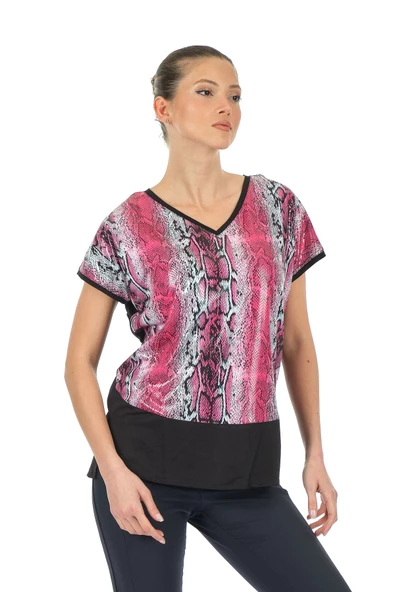 Twomail Oversize V Yaka Yılan Desenli Kadın T-Shirt - Kısa Kol - 10