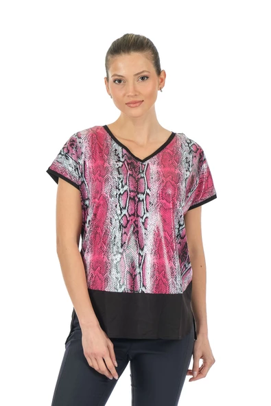 Twomail Oversize V Yaka Yılan Desenli Kadın T-Shirt - Kısa Kol - 9