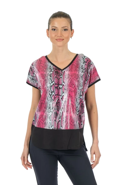Twomail Oversize V Yaka Yılan Desenli Kadın T-Shirt - Kısa Kol - 8
