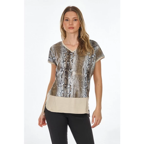 Twomail Oversize V Yaka Yılan Desenli Kadın T-Shirt - Kısa Kol - 3