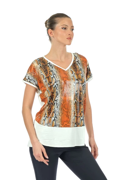 Twomail Oversize V Yaka Yılan Desenli Kadın T-Shirt - Kısa Kol - 6