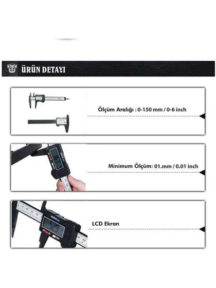Aksh Kumpas Kalınlık Ölçer Karbon Fiber Hassas Kumpas Dijital 15cm + Pil Hediyeli - 5