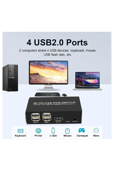 Zilevo Hdmi Kvm Switch 2 Port Usb Type C 2 PC Tek Kasa Klavye Mouse Kontrol Çoklayıcı - 4
