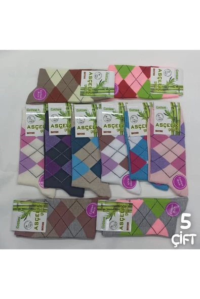 Asçelik  Ekose Bayan Soket Pastel Renk 5li ürün görseli