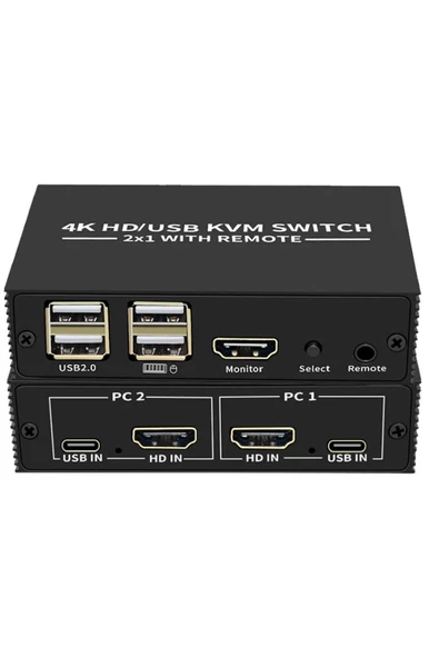 Zilevo Hdmi Kvm Switch 2 Port Usb Type C 2 PC Tek Kasa Klavye Mouse Kontrol Çoklayıcı