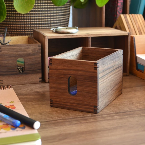 Woodsaka Sate Çekmeceli Mini Kutu & Aksesuar ve Kırtasiye Dolabı - Ceviz Ağacından - 9