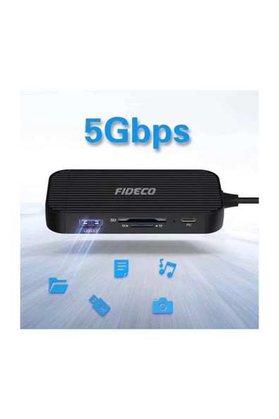 FİDECO Fıdeco Type C To 4k Hdmi - Usb 3.0 Hub, Gigabit Ethernet, Kart Okuyucu, Usb C, Mikrofon Kulaklık - 5