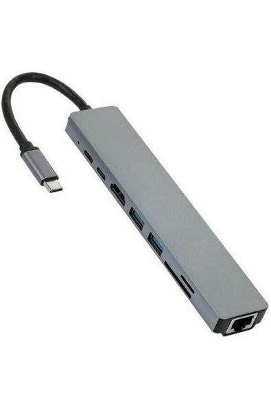 DUAL Type C To Hdmi Usb 3.0 Sd Microsd 8in1 Kart Rj45 Ethernet Çevirici Dönüştürücü Adaptör