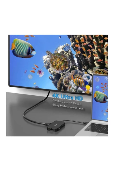 FİDECO Fıdeco Type C To 4k Hdmi - Usb 3.0 Hub, Gigabit Ethernet, Kart Okuyucu, Usb C, Mikrofon Kulaklık - 4