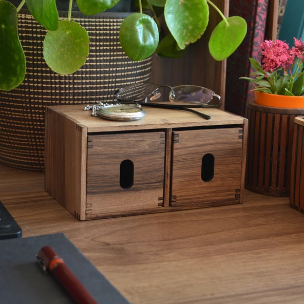 Woodsaka Sate Çekmeceli Mini Kutu & Aksesuar ve Kırtasiye Dolabı - Ceviz Ağacından - 5