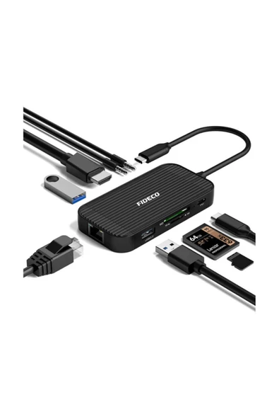 FİDECO Fıdeco Type C To 4k Hdmi - Usb 3.0 Hub, Gigabit Ethernet, Kart Okuyucu, Usb C, Mikrofon Kulaklık