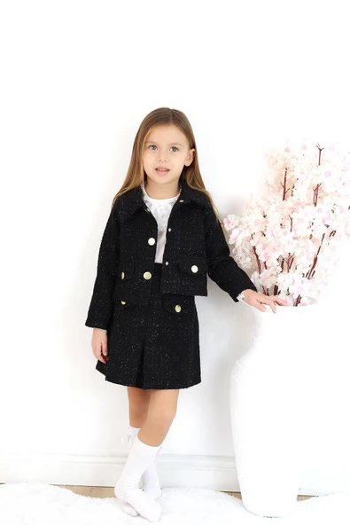 Kız Çocuk Carmen Siyah Tüvit Uzun Kollu Düğmeli Etek Ceket Takım - 7