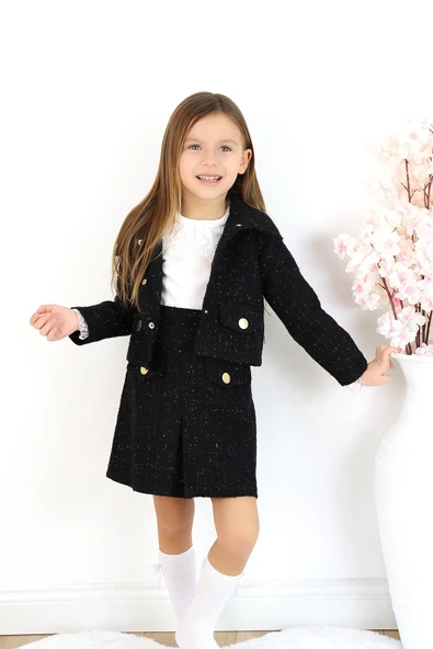 Kız Çocuk Carmen Siyah Tüvit Uzun Kollu Düğmeli Etek Ceket Takım - 9