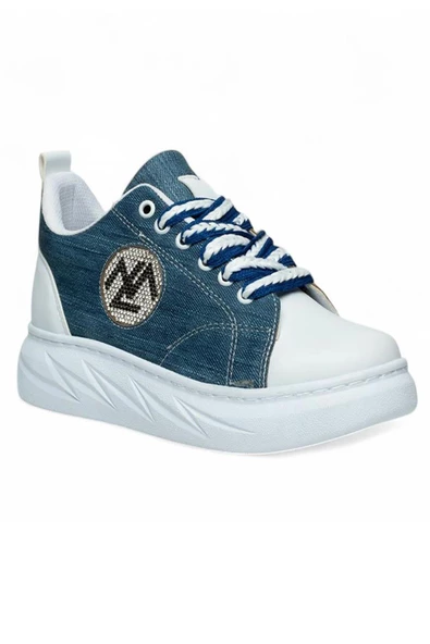 Celira Mdl Mavi Beyaz Bağcıklı Keten Kadın Spor Ayakkabı - Resim 2