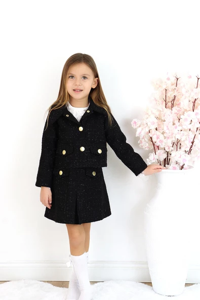 Kız Çocuk Carmen Siyah Tüvit Uzun Kollu Düğmeli Etek Ceket Takım - 6