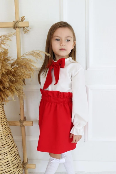 Kız Çocuk Uzun Kollu Kırmızı Etek Ekru Bluz Fular 23 Nisan Takım - Resim 5