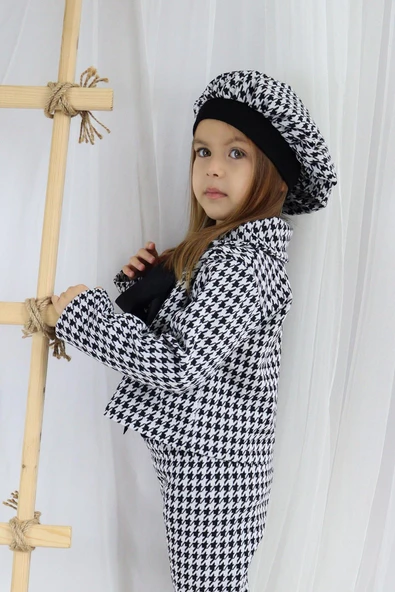 Kız Çocuk Siyah Lizbon Jakarlı Ekose Ceket Pantolon Kep Alt Üst Takım TKM-0179.2 - Resim 9