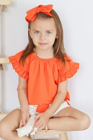 Kız Bebek Sunny Turuncu Madonna Yaka Şortlu Bandana Alt Üst Takım TKM-0132.11 - 4