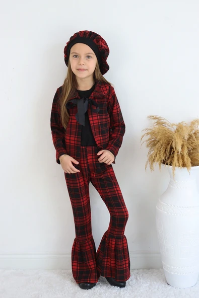Kız Çocuk Kırmızı Lizbon Jakarlı Ekose Ceket Pantolon Kep Alt Üst Yılbaşı Takım - 5