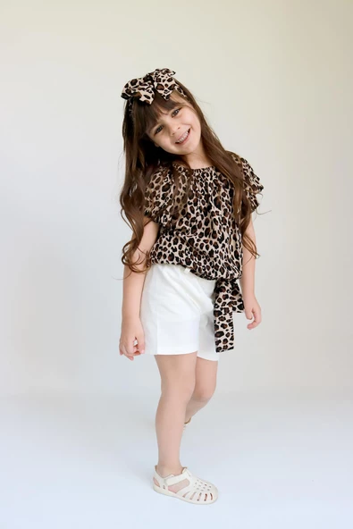 Kız Çocuk Viskon Leopar Madonna Yaka Şortlu Bandana Alt Üst Takım TKM-0178 - 7