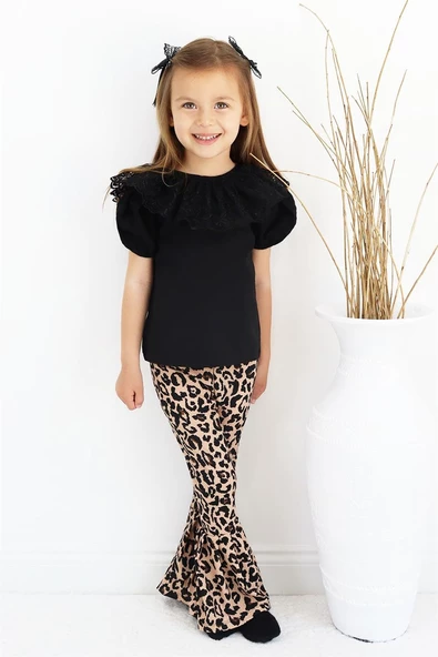 Kız Çocuk Bright Bisiklet Yaka Dantel Detaylı kısa kollu Siyah Bluz Leopar İspanyol Tayt Pantolon Tok Alt Üst Abiye 3'lü Takım TKM-0191.57 - Resim 6