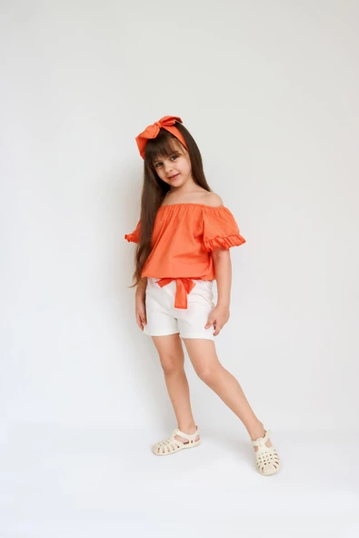 Kız Çocuk Sunny Turuncu Madonna Yaka Şortlu Bandana Alt Üst Takım TKM-0132.11 - 3