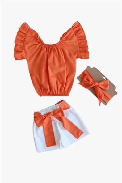 Kız Bebek Sunny Turuncu Madonna Yaka Şortlu Bandana Alt Üst Takım TKM-0132.11 - 1
