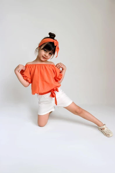 Kız Çocuk Sunny Turuncu Madonna Yaka Şortlu Bandana Alt Üst Takım TKM-0132.11 - 1